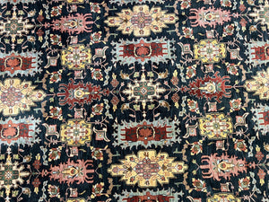 Indo Persian Mahal Rug 9x12, Dark Green and Cream Hand Knotted Wool Oriental Carpet, Floral Allover, Vintage Traditional Handmade Room Sized