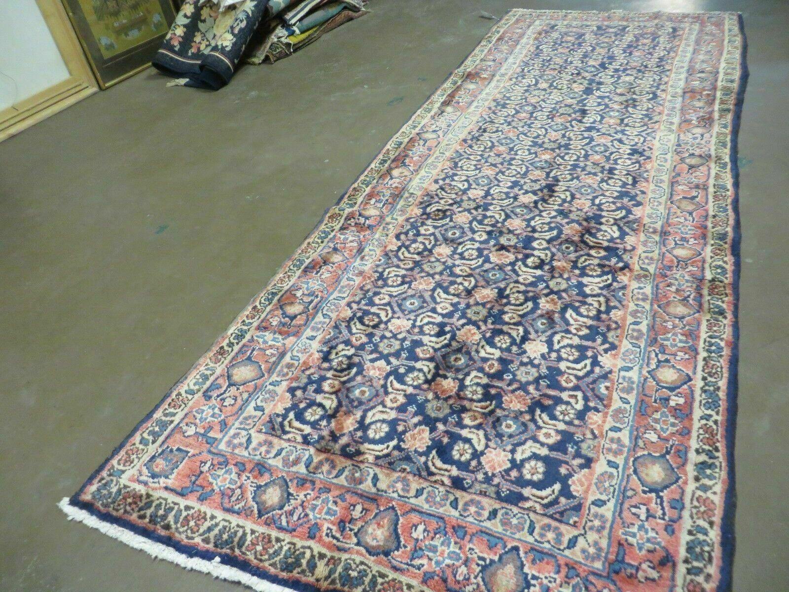 3'7" X 10' Antique Handmade India Floral Oriental Wool Runner Rug Organic Blue