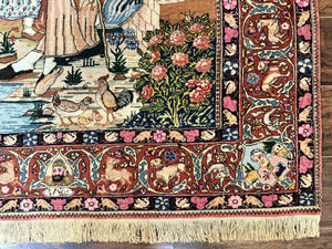 Wonderful Persian Kashan Pictorial Rug 4.7 x 6.5, Persian Rug for Wall Hanging, Handmade Antique Wool Carpet Animal Motifs Poetry Lovers, 240 KPSI