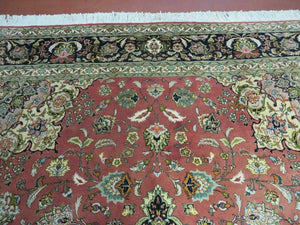 Persian Tabriz Rug 7x10, Floral Medallion Finely Hand Knotted Vintage Authentic Oriental Carpet 7 x 10, Salmon Color, 400 KPSI Elegant, Wool & Silk