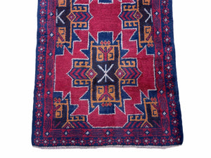2' 8" X 4' 6" Vintage Handmade Tribal Wool Rug Balouchi Rug Afghan Rug Red Blue