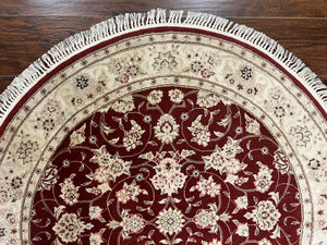 Sino Persian Round Rug 4x4, Wool Hand Knotted Oriental Carpet, Maroon & Ivory Vintage Rug, Floral Rug, Traditional Rug 4 x 4, Fine Rug
