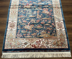 Turkish Silk Hunting Design Rug 4x6, Dark Steel Blue & Ivory, Bamboo Silk, New