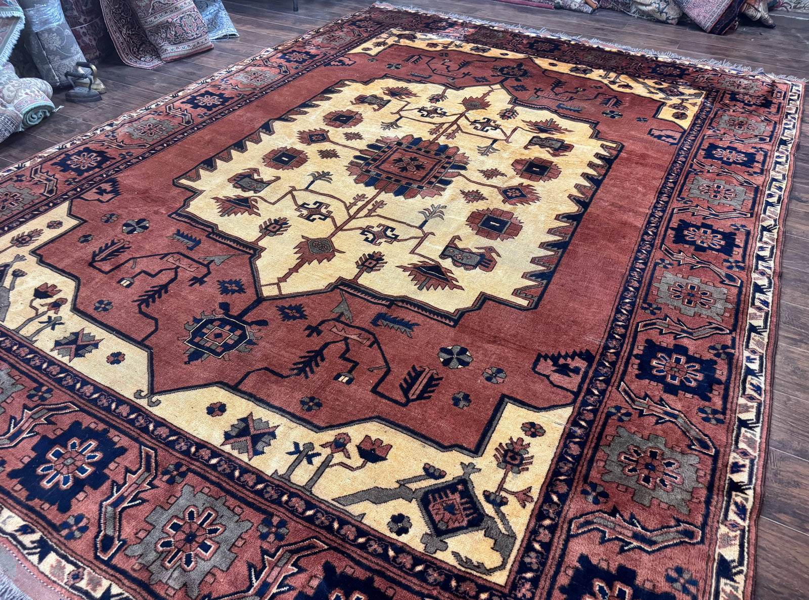 Afghan Heriz Rug 9x12, Tribal Geometric Serapi Carpet, Rust Cream and Navy, Wool on Wool