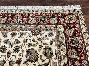 Indo Persian Rug 8x10, Wool Hand Knotted Vintage Carpet, Ivory Maroon, 8 x 10 Traditional Oriental Rug, Floral Allover Rug