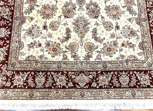 Pak Persian Rug 6x9, Floral Allover Carpet 6 x 9 ft, Cream and Maroon Hand Knotted Wool and Silk Fine Oriental Rug, Traditional Vintage Rug