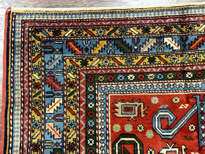 Colorful Persian Ardabil Rug 4x7, Red Blue Gold, Geometric Caucasian Design, Vintage