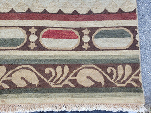 Large Vintage Striped Rug, Handmade, Earth Tone Decor, Beiges Slate Gray Dark Red, Flatweave Indian Striped Carpet, Indian Kilim 10x14, Wool
