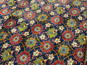 Navy Blue Antique Persian Rug 7x11, Veramin Mina Khani Repeated Allover Pattern, Vintage Authentic Hand Knotted Handmade Wool Room Sized Carpet