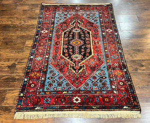 Antique Persian Tribal Rug 4x7, Wool Handmade 1920s Carpet, Red Blue, Persian Hamadan Rug