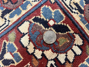 Indo Persian Rug 9x13, Floral Medallion, Midnight Blue & Burgundy, Hand Knotted Vintage Room Sized Traditional Wool Oriental Carpet