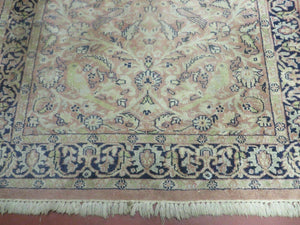 Indian Silk Rug 4x6, Indian Kashmiri Silk Carpet 4 x 6 ft, Vintage Hand Knotted Floral Bird Motifs, Light Pink and Navy Blue, Silk on Cotton