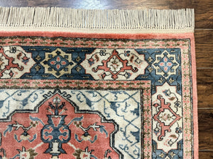 Karastan Rug 4x6 Bergama Design #737, Karastan Area Rug, Vintage Wool Karastan Carpet, Original Collection 700 Series, Salmon Red Light Blue