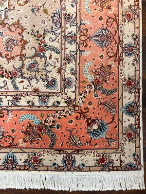 Wonderful Persian Tabriz Rug 9x12, Floral Medallion, Ivory and Salmon Red, Hand Knotted, Wool with Silk Accents, Very Fine Vintage Oriental Carpet
