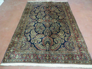 Antique Persian Sarouk Rug 4x6, Hand Knotted 1920s Oriental Carpet 4 x 6 ft, Navy Blue and Red Wool Rug, Handmade Floral Allover Persian Area Rug