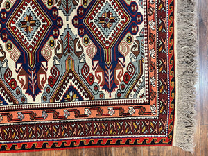 Russian Soumak Rug 6x8, Wool Handmade Antique Kilim Carpet, Multicolor 6 x 8 Geometric Medallions Caucasian Rug, Medium Size