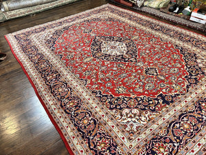 Persian Kashan Rug 10x13, Floral Medallion, Traditional Area Rug, Red Navy Blue Ivory, Handmade Semi Antique Vintage Wool Oriental Carpet 10 x 13
