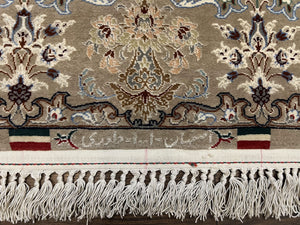 Super Fine Persian Isfahan Rug 3x5 ft, Kork Wool on Silk Foundation, Repeated Floral Motif, Taupe Tan Hand Knotted Oriental Carpet 3 x 5 ft, Signed