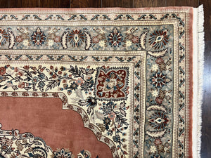 Indo Persian Rug 6x9, Semi Open Field Medallion Rug, Vintage Hand Knotted Wool Oriental Carpet, Traditional Rug, Light Pink, Medium Size