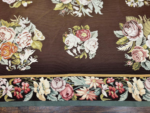 Vintage Needlepoint Rug 9x12, Large Handmade Hand-woven Needlepoint Carpet, Brown Area Rug, Floral Bouquets, Wool Rug, European Design