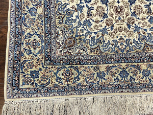 Persian Isfahan Rug 5x8, Kork Wool on Silk Foundation, 440 KPSI, Handmade Vintage Carpet, Floral Medallion Oriental Rug, Ivory & Blue, Very Fine