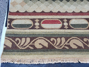Large Vintage Striped Rug, Handmade, Earth Tone Decor, Beiges Slate Gray Dark Red, Flatweave Indian Striped Carpet, Indian Kilim 10x14, Wool