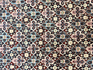 Indo Persian Rug 8x10, Repeated Allover Pattern, Navy Blue Ivory, Handmade Vintage Wool Carpet