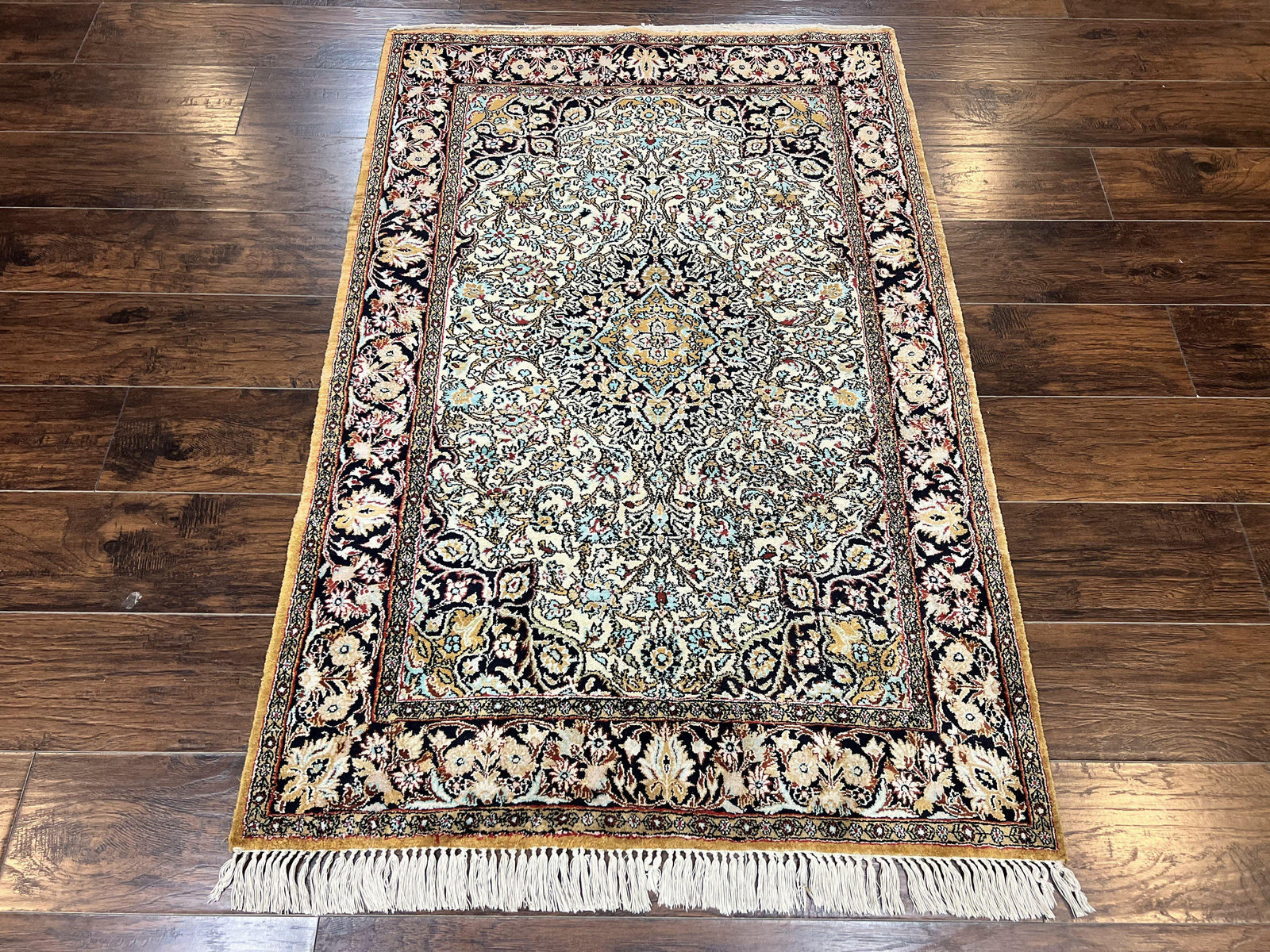 Silk Persian Qum Rug 4x5, Hand Knotted Vintage Carpet, Cream & Navy Blue, Silk Pile on Silk Foundation, Very Fine 360 KPSI