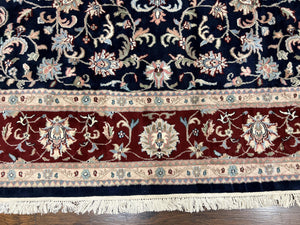 Indo Perisan Rug 9x12, Floral Allover, Midnight Blue and Dark Red Room Sized Carpet 9 x 12 ft, Hand Knotted Wool Vintage Indian Oriental Rug