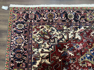 Antique Persian Heriz Rug 8x11, Geometric Tribal Wool Carpet, Brick Red
