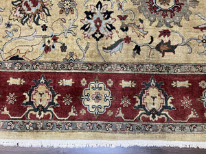 Indo Persian Mahal Rug 8x12, Wool Hand Knotted Oriental Carpet, Light Gold and Burgundy, Floral Allover, Vintage Room Sized Area Rug 8 x 12