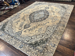 Antique Persian Tabriz Rug 9x12, Floral Medallion Rug, Hand-Knotted Wool Oriental Carpet, Room Sized Handmade Rug, 9 x 12 Vintage Farmhouse Rug