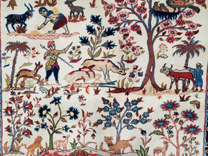 Antique Persian Isfahan Rug 5x7, Animal and Human Pictorials, Hand Knotted Fine Oriental Wool Carpet, Cream and Red, High KPSI, Vintage Rug 5 x 7 ft