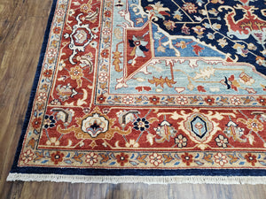 Safavieh Samarkand Heriz Rug 8x9 ft, Colorful Serapi Room Sized Hand-Knotted Wool Carpet, Tribal Rug, Vintage Oriental Rug, Navy Blue & Red