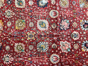 Persian Tabriz Rug 10x12, Floral Allover, Handmade Vintage Wool Carpet, Red and Cream