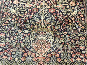 Silk Indian Kashmiri Rug 4x6, Tree of Life Pattern, Birds, Fine 290 KPSI, Navy Blue and Red, Handmade Oriental Carpet
