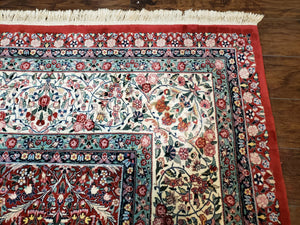 Oversized Pak Persian Rug 11x15, Large Wool Palace Carpet, Red and Ivory, Millefleur Allover Floral Pattern, Vintage Handmade Oriental Rug