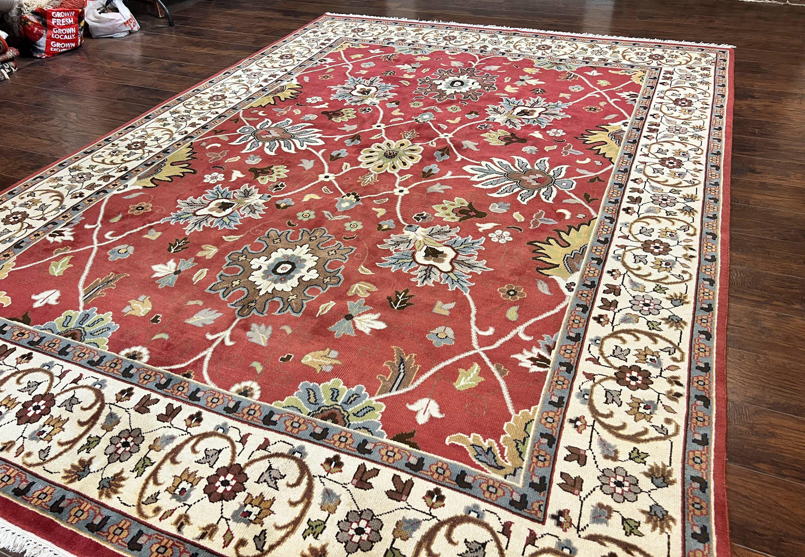 Indo Persian Rug 9x12, Wool Hand Knotted Vintage Carpet, Red & Ivory, Floral Allover, 9 x 12 Room Sized Rug
