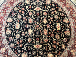 Round Sino Persian Rug 6x6, Floral, Navy Blue and Red, Wool and Silk Highlights
