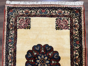 Persian Bidjar Rug 3x5, Open Field Medallion, Hand Knotted, Ivory/Cream Red Blue, Wool Oriental Bijar Carpet, 3 x 5 Vintage Area Rug, Floral Roses, Fine