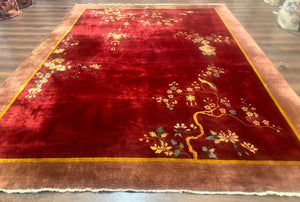 Red Chinese Art Deco Rug 9x11, Simple Design, Wool Chinese Area Rug, Antique
