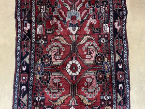 Antique Persian Hamadan Runner Rug 3.4 x 9, Red, Handmade Wool Runner