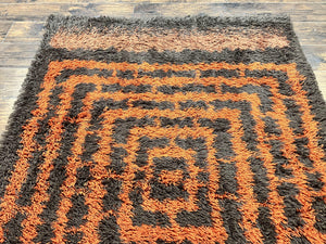Vintage Rya Shag Rug 4.6 x 6.6, Abstract Design, Brown and Orange, Mid Century Danish Rya Carpet