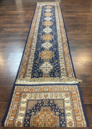 Indo Persian Runner Rug 2.6 x 12.7, Indian Kashmiri Runner for Hallway or Kitchen, Navy Blue, Geometric Medallions, Handmade Wool