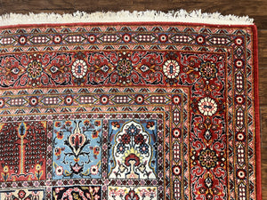 Persian Qum Rug 9x13, Multicolor Panel Design, Red Blue Cream, Hand Knotted Vintage Large Wool Rug
