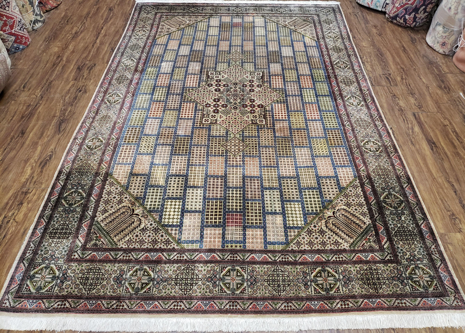 Sino Persian Silk Rug 6.4 x 9.9, Very Fine Hand Knotted Carpet, Panel Design Multicolor, Silk Pile on Silk Foundation, Handmade Vintage