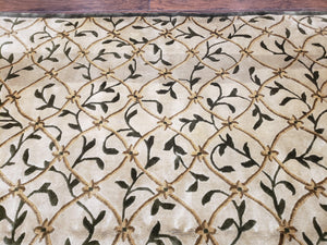 Vintage Tibetan Nepalese Area Rug 9x12, Wool Hand-Knotted, Beige Nepali Soft Pile Carpet, 9 x 12 Living Room Modern Dining Room Rug