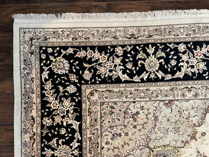 Sino Persian Rug 12x15, Ivory and Black, Floral Medallion Carpet, Large Palace Size Oriental Rug, Wool and Silk Highlights, Vintage Rug