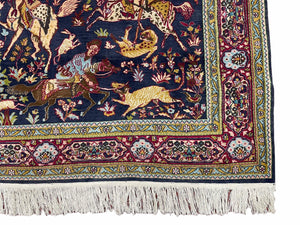 Indian Kashmiri Wool & Silk Rug 4x6 ft, Hunting Scene, Midnight Blue, Hand-Knotted, Archers, Swords, Horses, Vintage Antique Oriental Carpet