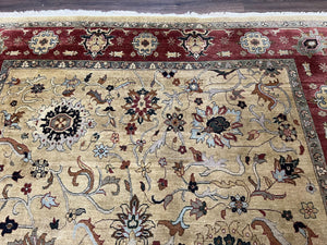 Indo Persian Mahal Rug 8x12, Wool Hand Knotted Oriental Carpet, Light Gold and Burgundy, Floral Allover, Vintage Room Sized Area Rug 8 x 12